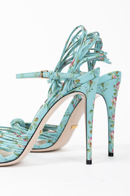 Gucci Allie Light-Blue Floral-Print Leather Knotted High-Heel Sandals