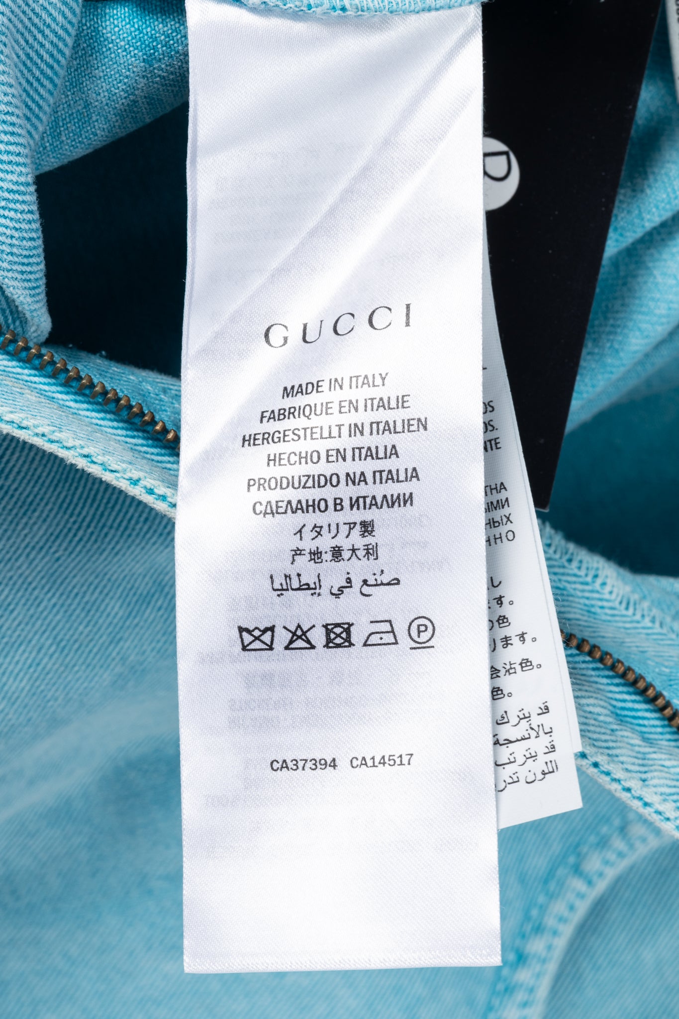 Gucci PF/19 Blue Embroidered Cherry Tapered Paperbag-Waist Jeans
