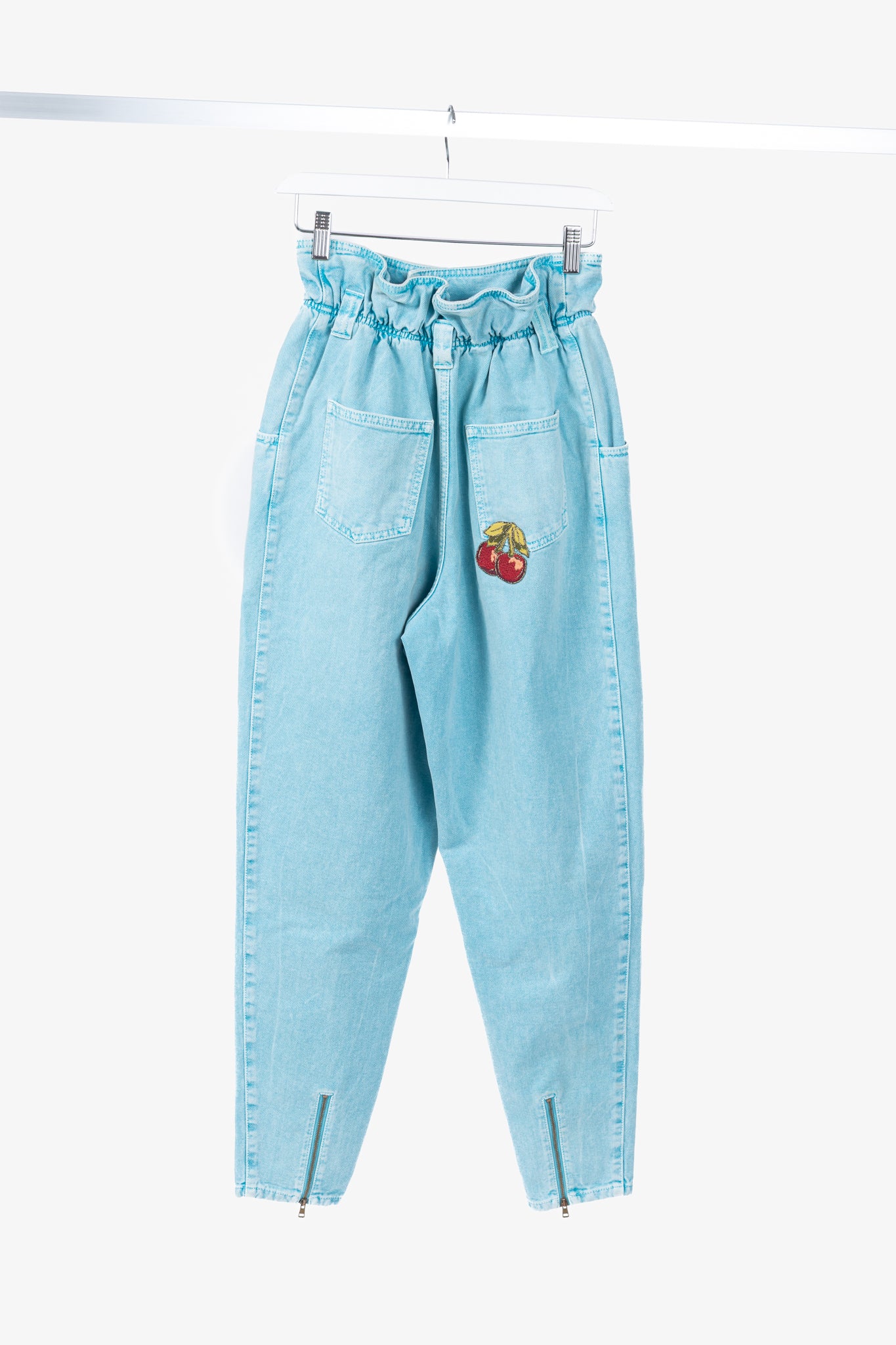 Gucci PF/19 Blue Embroidered Cherry Tapered Paperbag-Waist Jeans
