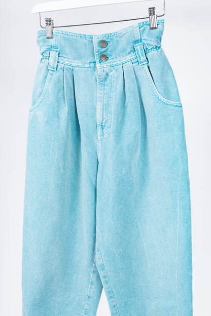 Gucci PF/19 Blue Embroidered Cherry Tapered Paperbag-Waist Jeans