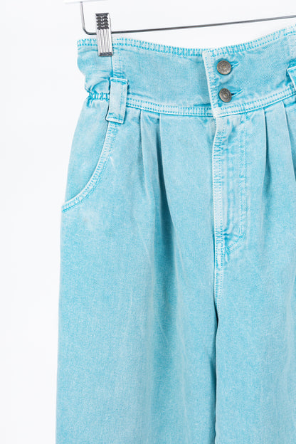 Gucci PF/19 Blue Embroidered Cherry Tapered Paperbag-Waist Jeans