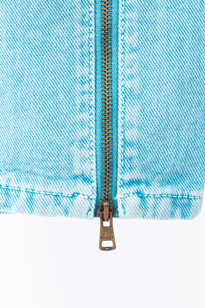 Gucci PF/19 Blue Embroidered Cherry Tapered Paperbag-Waist Jeans