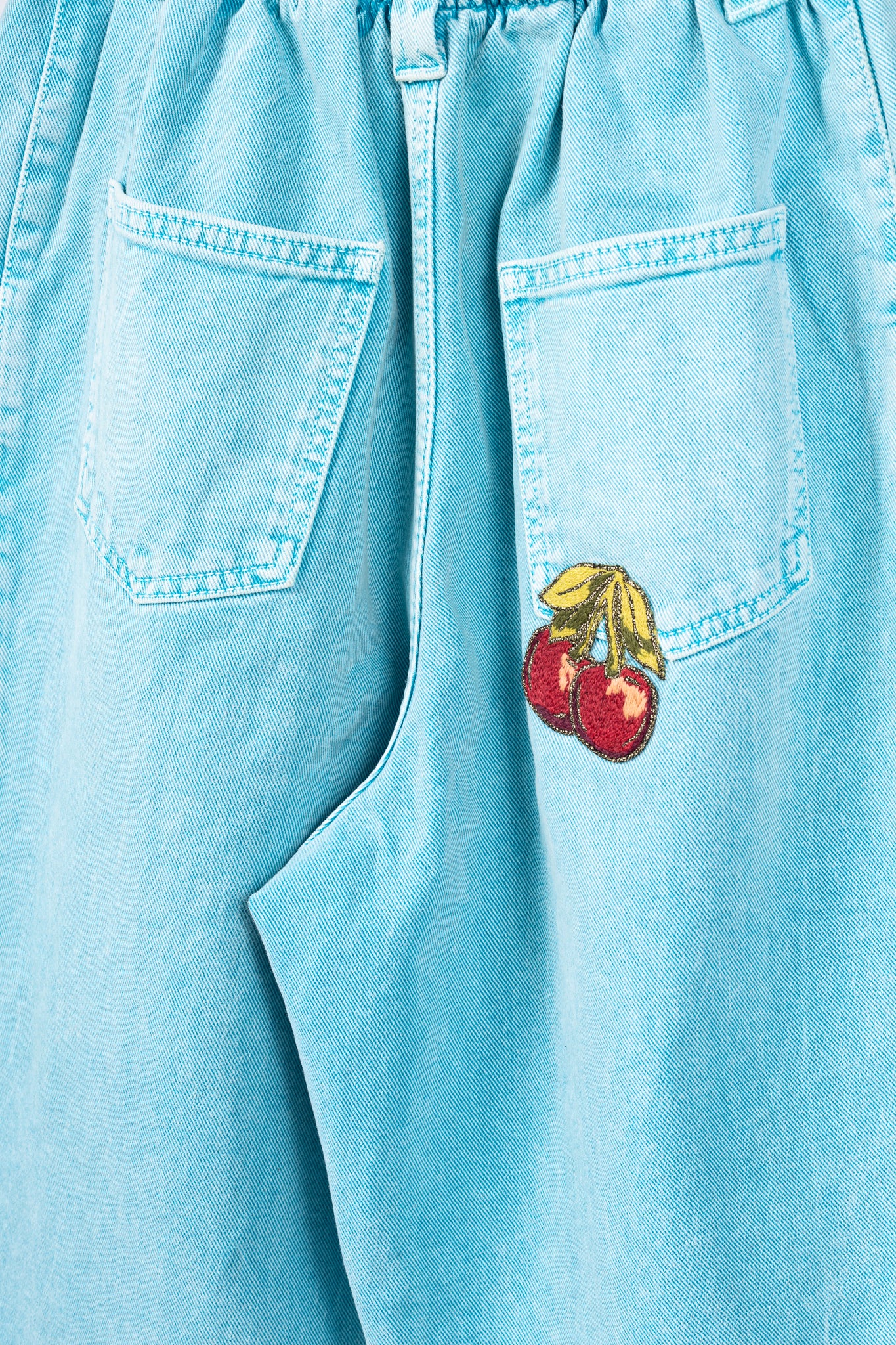 Gucci PF/19 Blue Embroidered Cherry Tapered Paperbag-Waist Jeans