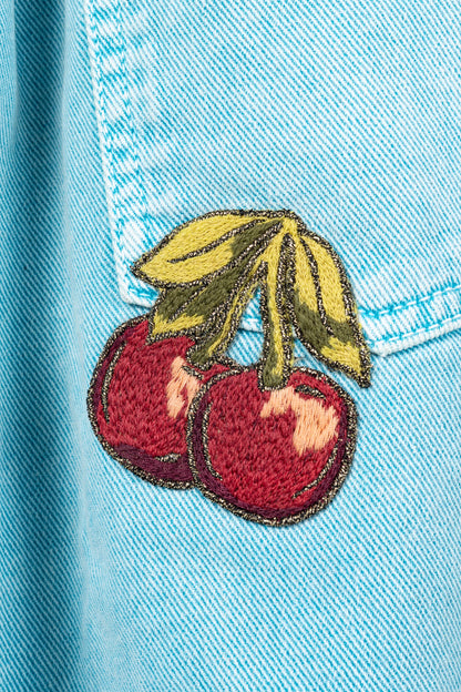 Gucci PF/19 Blue Embroidered Cherry Tapered Paperbag-Waist Jeans