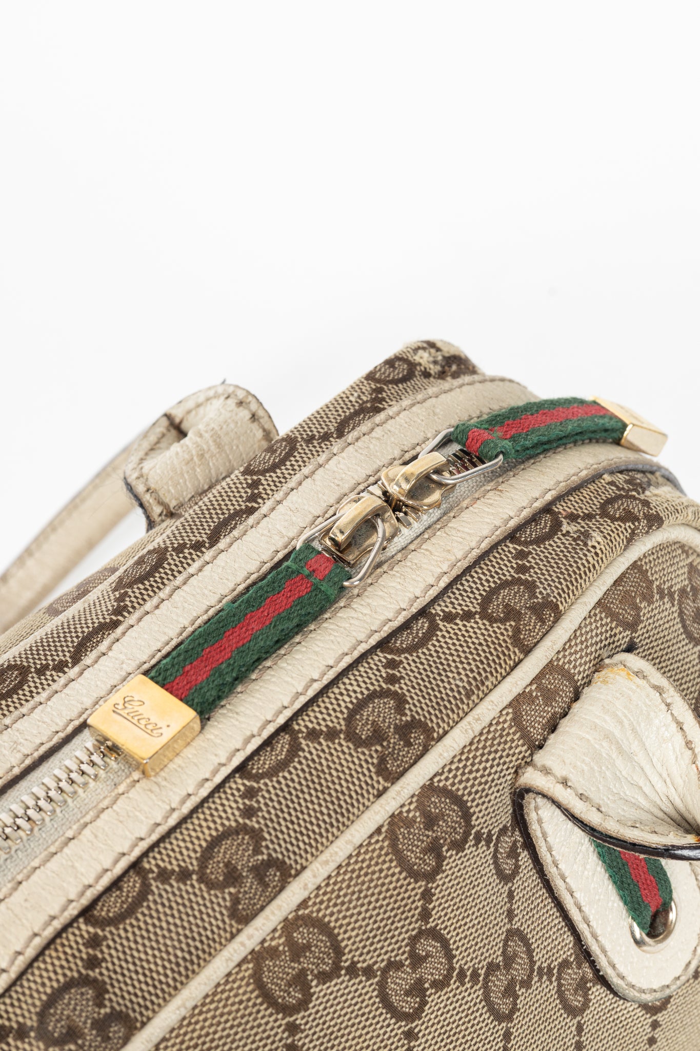 Gucci Princy Boston Beige & Ebony GG Canvas Web Handbag