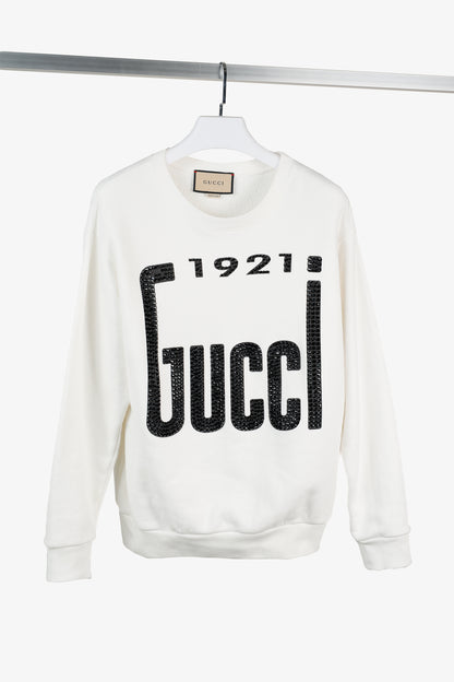 Gucci 1921 White Cotton French-Terry Crystal-Logo Sweatshirt