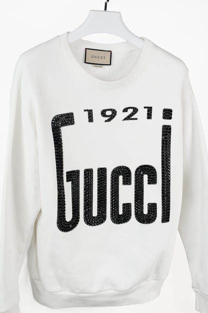 Gucci 1921 White Cotton French-Terry Crystal-Logo Sweatshirt