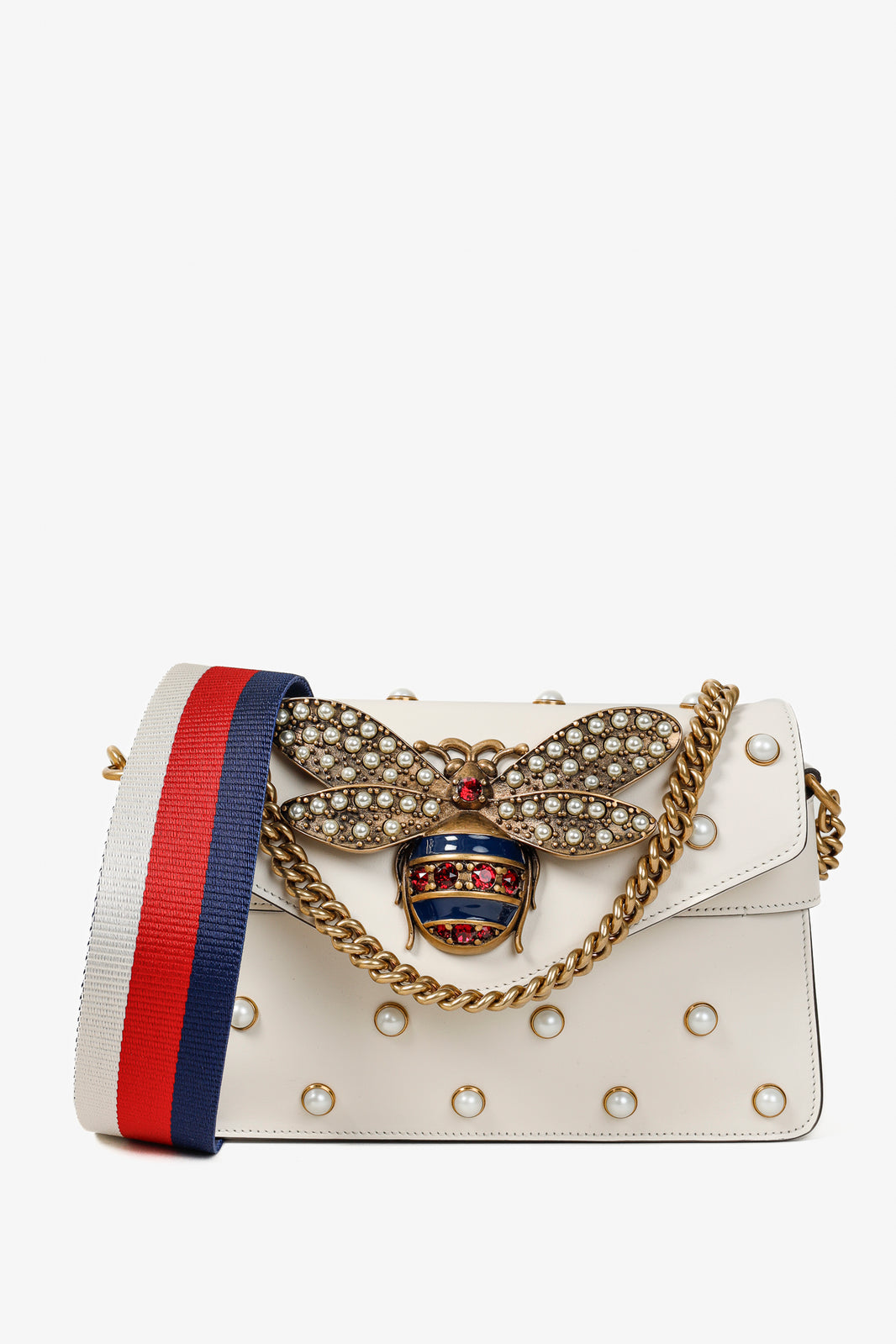 Gucci Pearl Studded Bee Queen Margaret Broadway Shoulder Bag in Mystic White Nappa