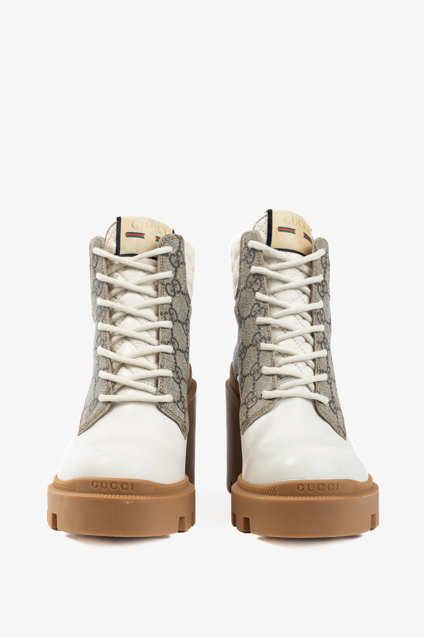 Gucci Beige & Ebony Canvas & Leather Lace-Up GG Ankle Boots