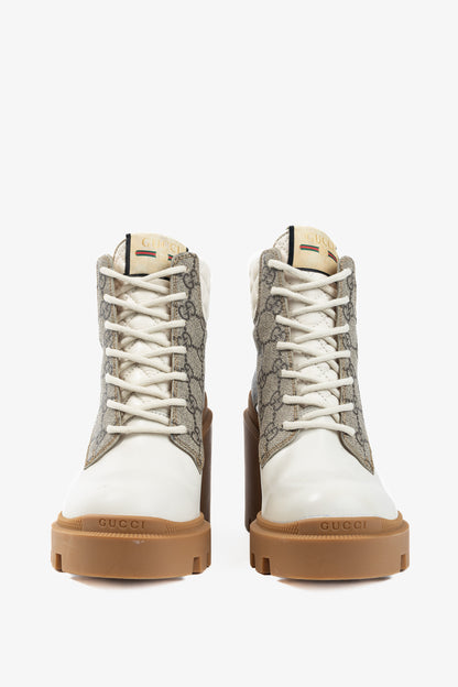 Gucci Beige & Ebony Canvas & Leather Lace-Up GG Ankle Boots