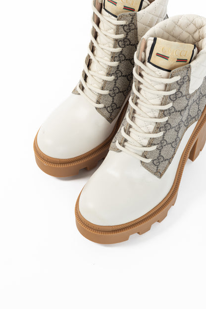 Gucci Beige & Ebony Canvas & Leather Lace-Up GG Ankle Boots