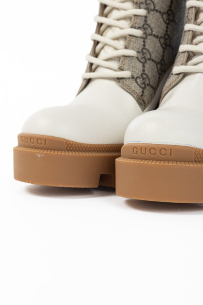 Gucci Beige & Ebony Canvas & Leather Lace-Up GG Ankle Boots