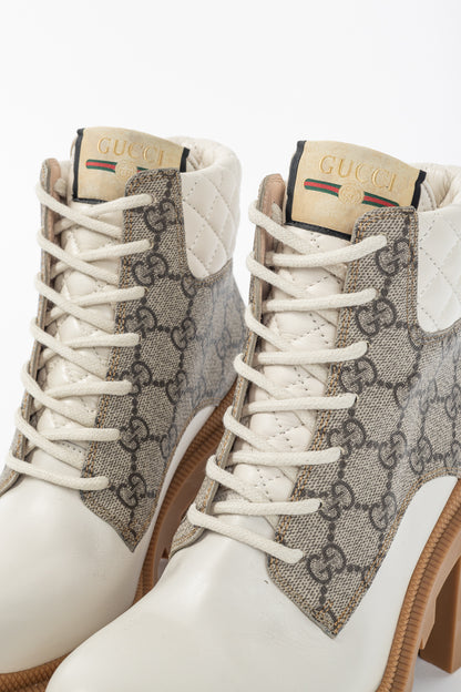 Gucci Beige & Ebony Canvas & Leather Lace-Up GG Ankle Boots