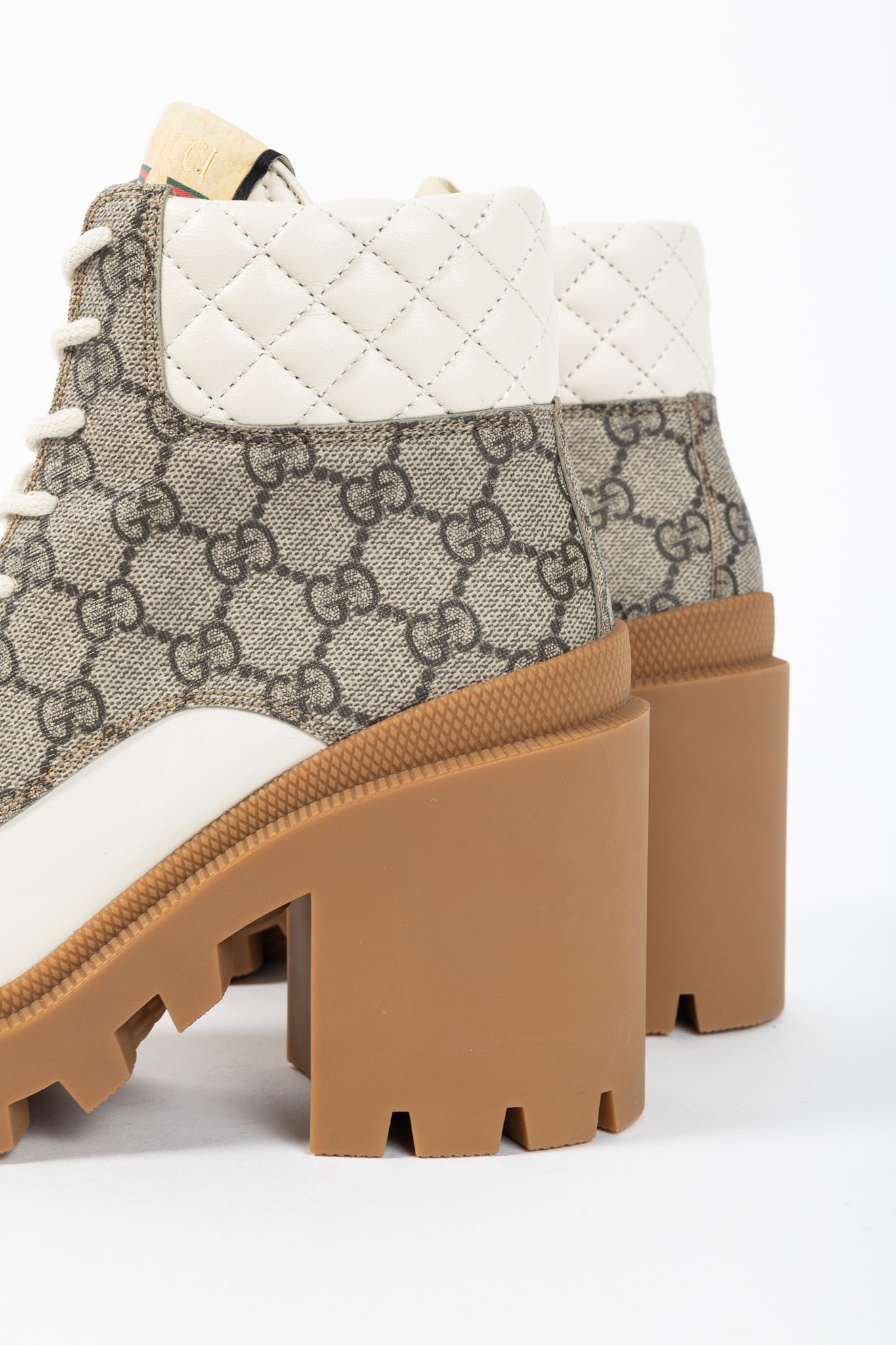 Gucci Beige & Ebony Canvas & Leather Lace-Up GG Ankle Boots