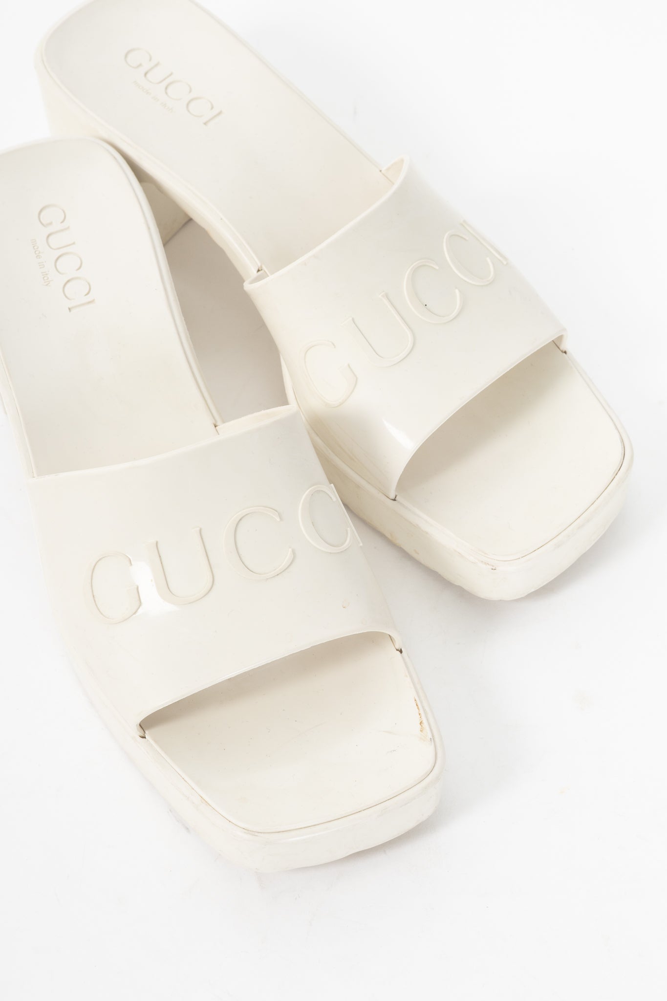 Gucci White Rubber Logo Slide Mule Sandals