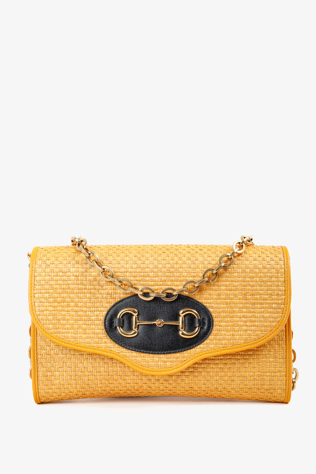 Gucci Horsebit 1955 Yellow Raffia Leather-Trimmed Shoulder Bag