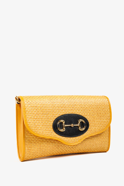 Gucci Horsebit 1955 Yellow Raffia Leather-Trimmed Shoulder Bag