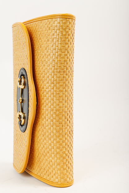 Gucci Horsebit 1955 Yellow Raffia Leather-Trimmed Shoulder Bag