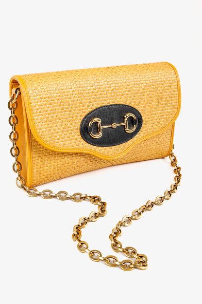 Gucci Horsebit 1955 Yellow Raffia Leather-Trimmed Shoulder Bag