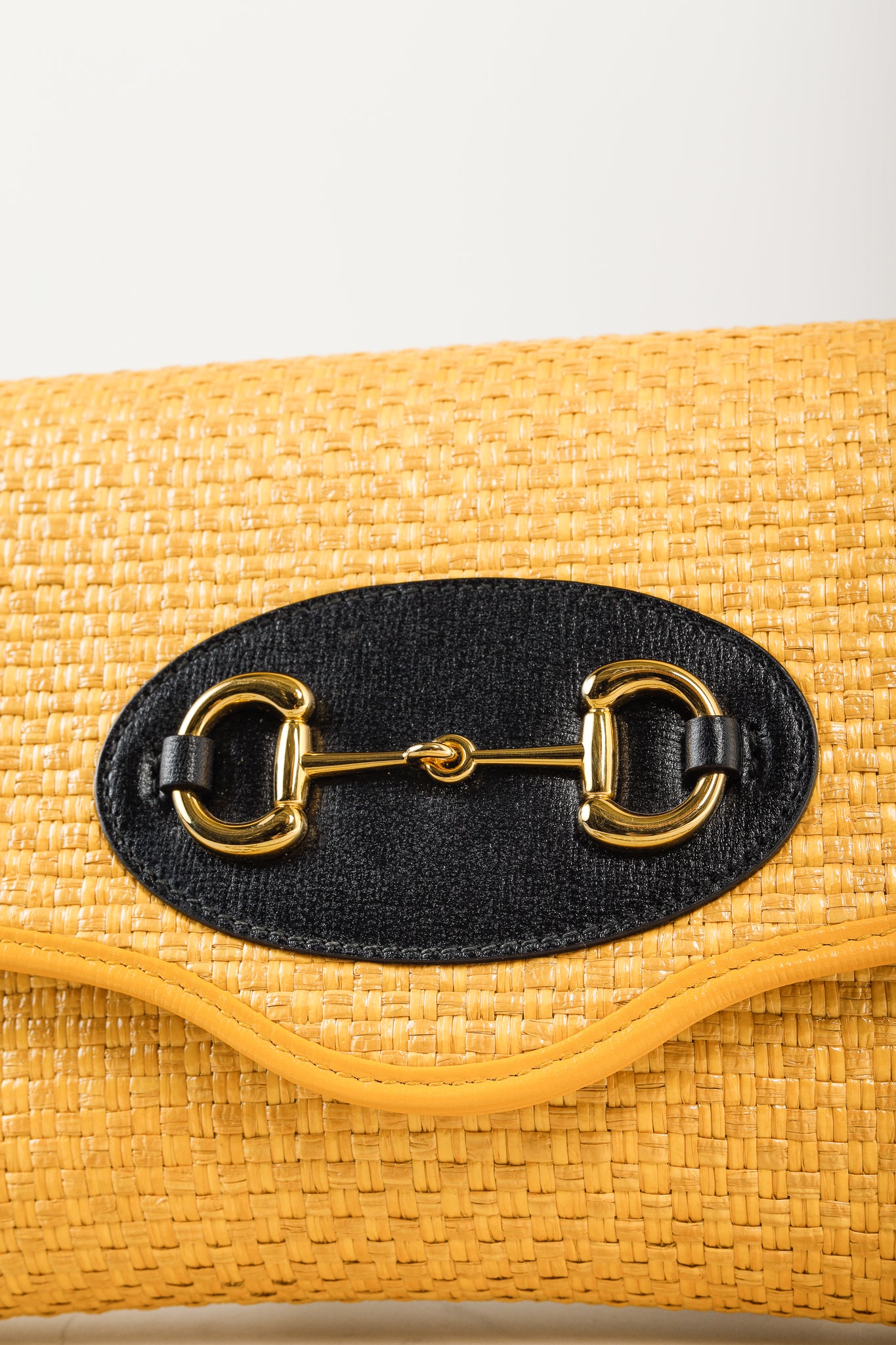 Gucci Horsebit 1955 Yellow Raffia Leather-Trimmed Shoulder Bag