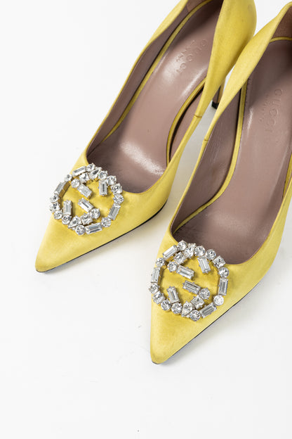 Gucci Yellow Raso Seta Crystal-GG Pointed-Toe Pumps