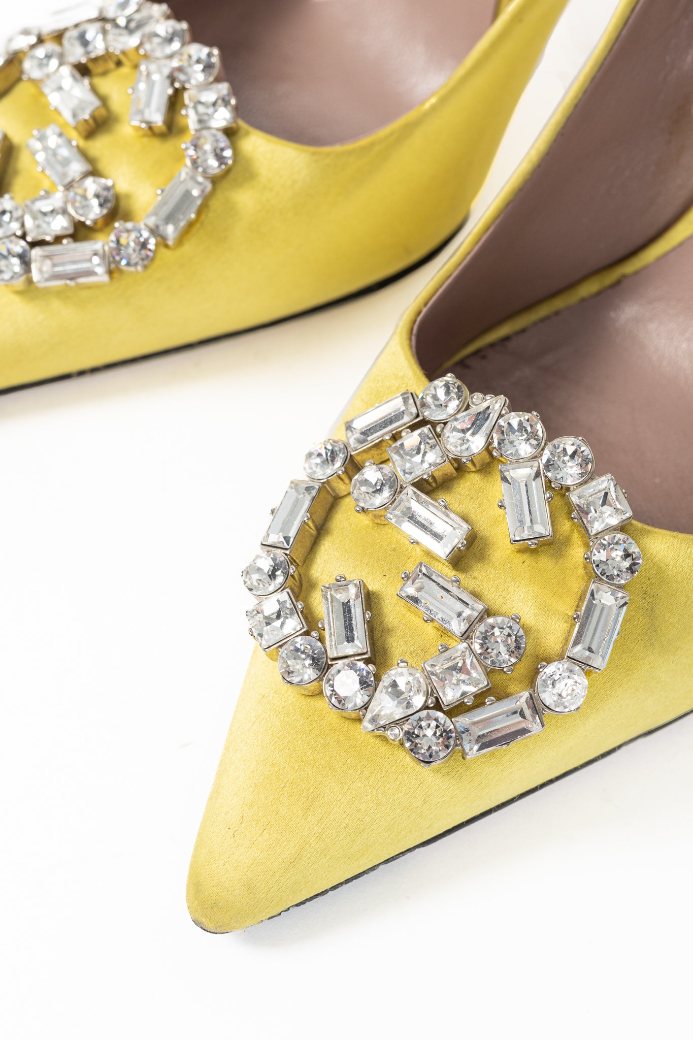 Gucci Yellow Raso Seta Crystal-GG Pointed-Toe Pumps