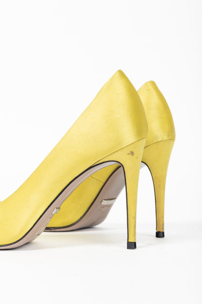 Gucci Yellow Raso Seta Crystal-GG Pointed-Toe Pumps