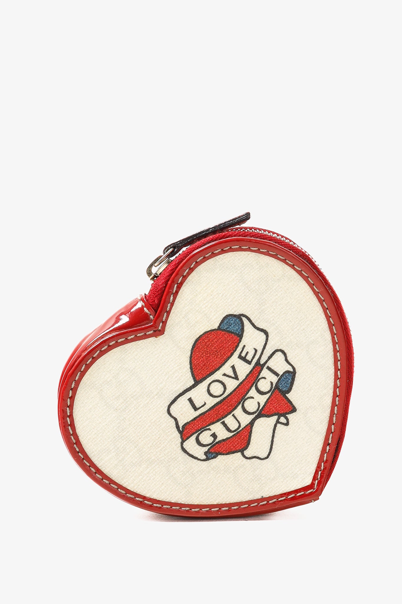 Gucci "Love Gucci" Tattoo Red Patent Leather Heart-Shaped Monogram Coin Purse