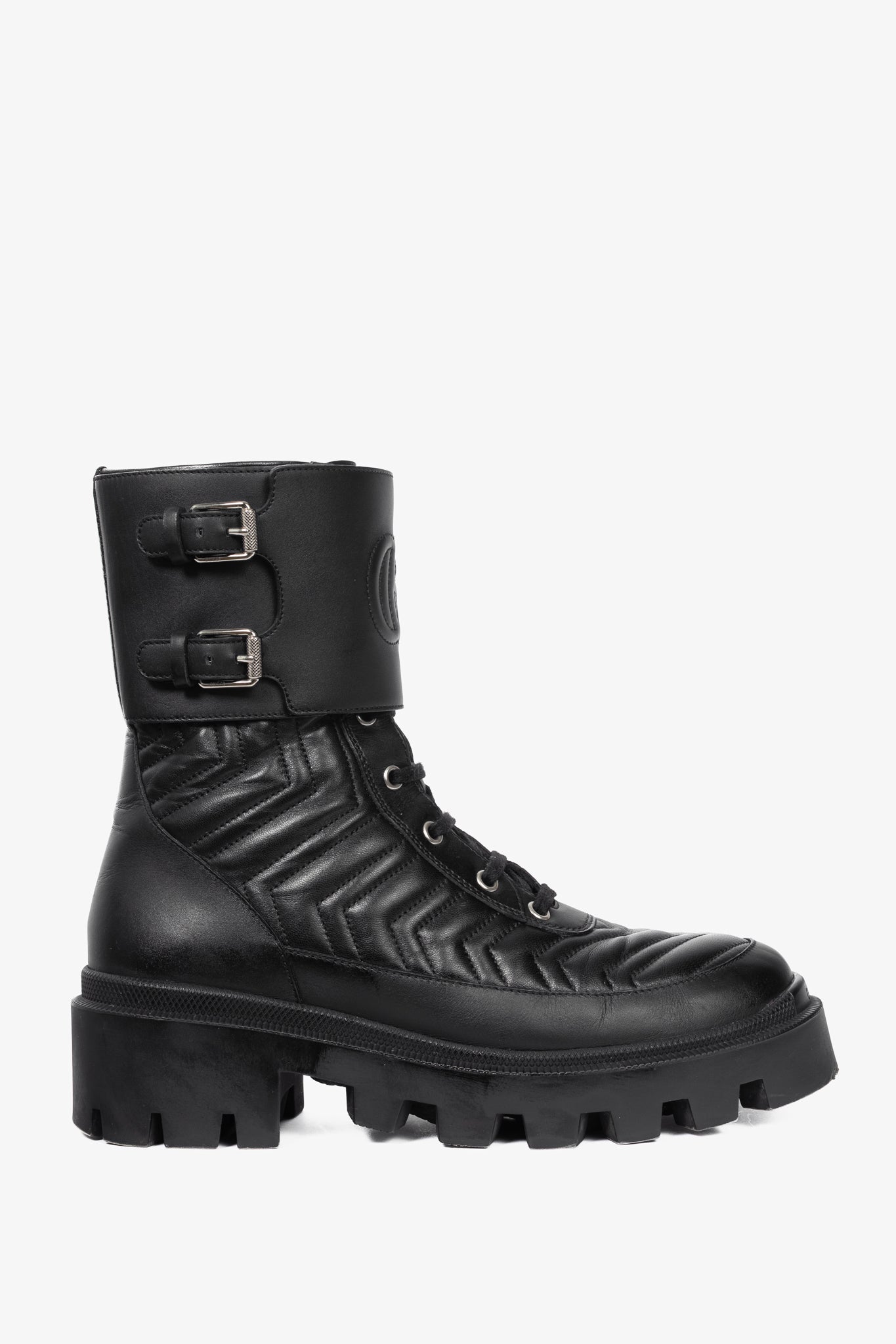 Gucci Frances Black GG Matelassé Platform Combat Boots