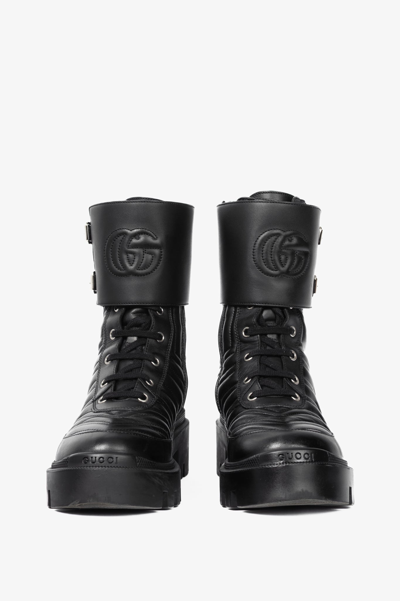 Gucci Frances Black GG Matelassé Platform Combat Boots