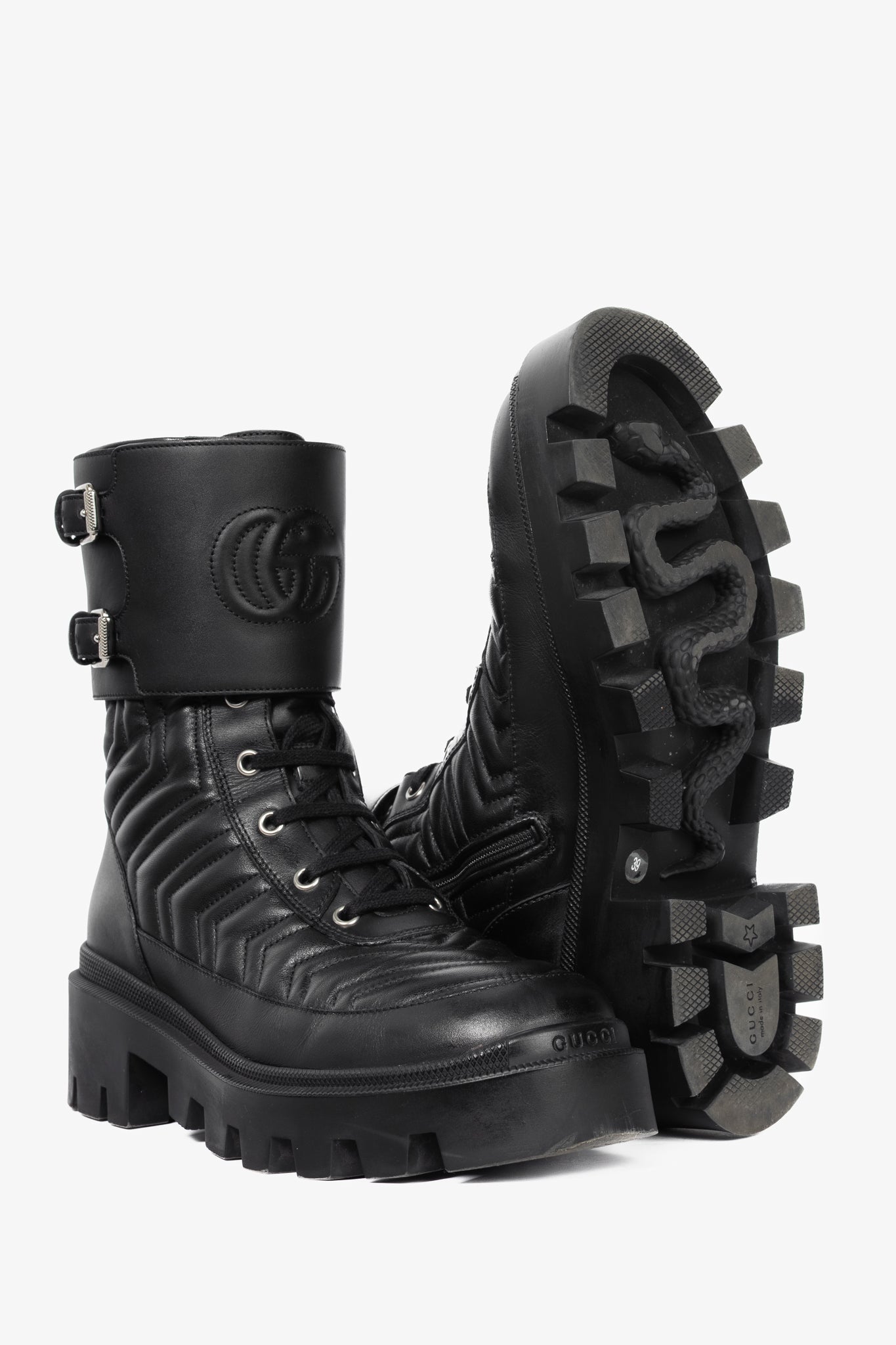 Gucci Frances Black GG Matelassé Platform Combat Boots