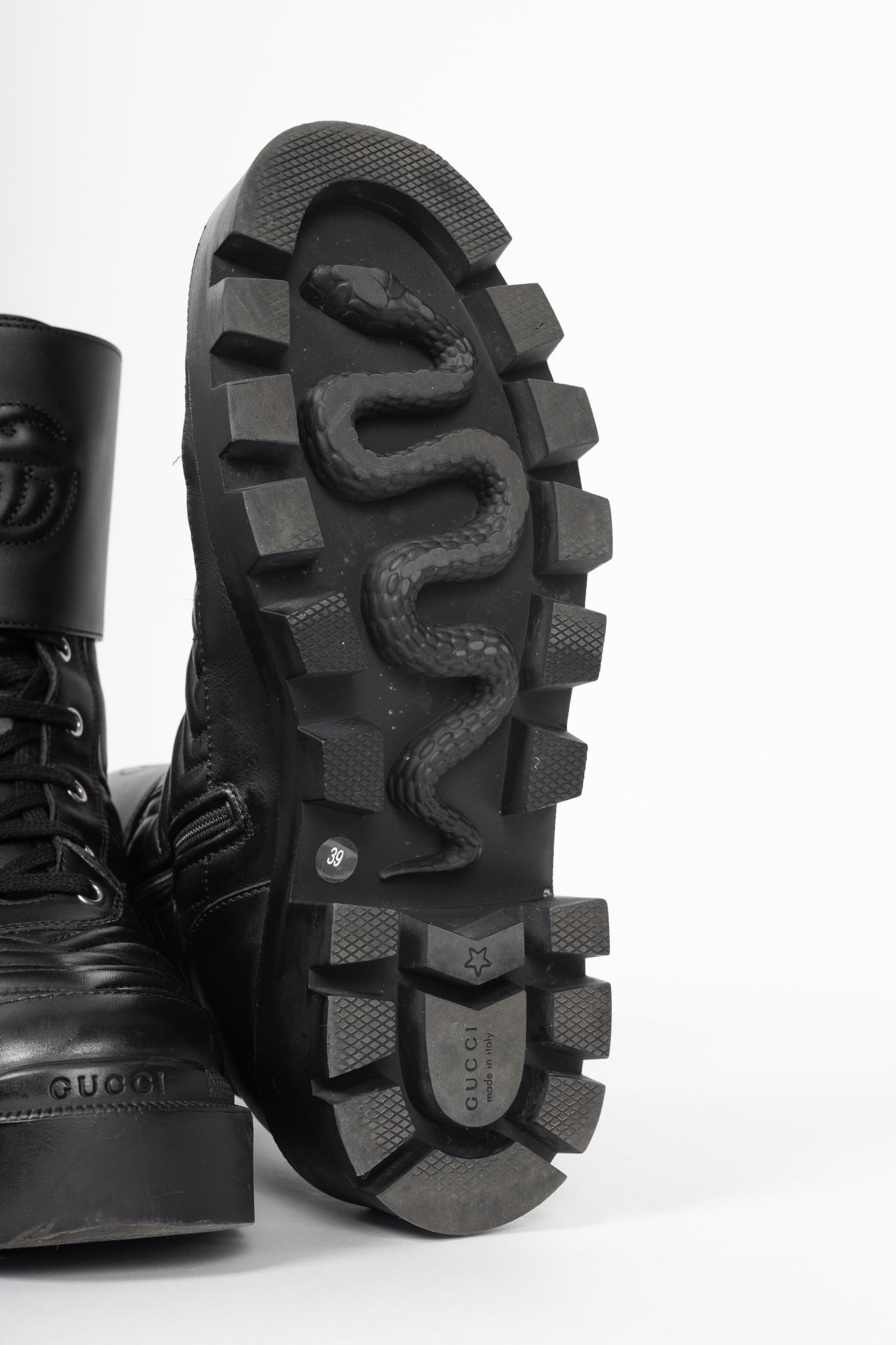 Gucci Frances Black GG Matelassé Platform Combat Boots
