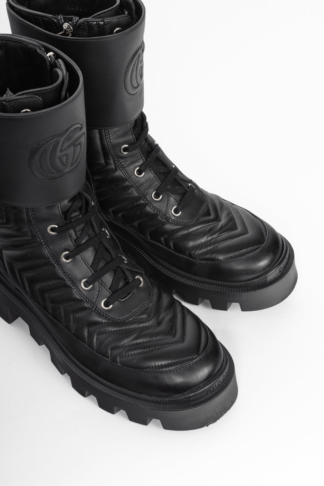 Gucci Frances Black GG Matelassé Platform Combat Boots