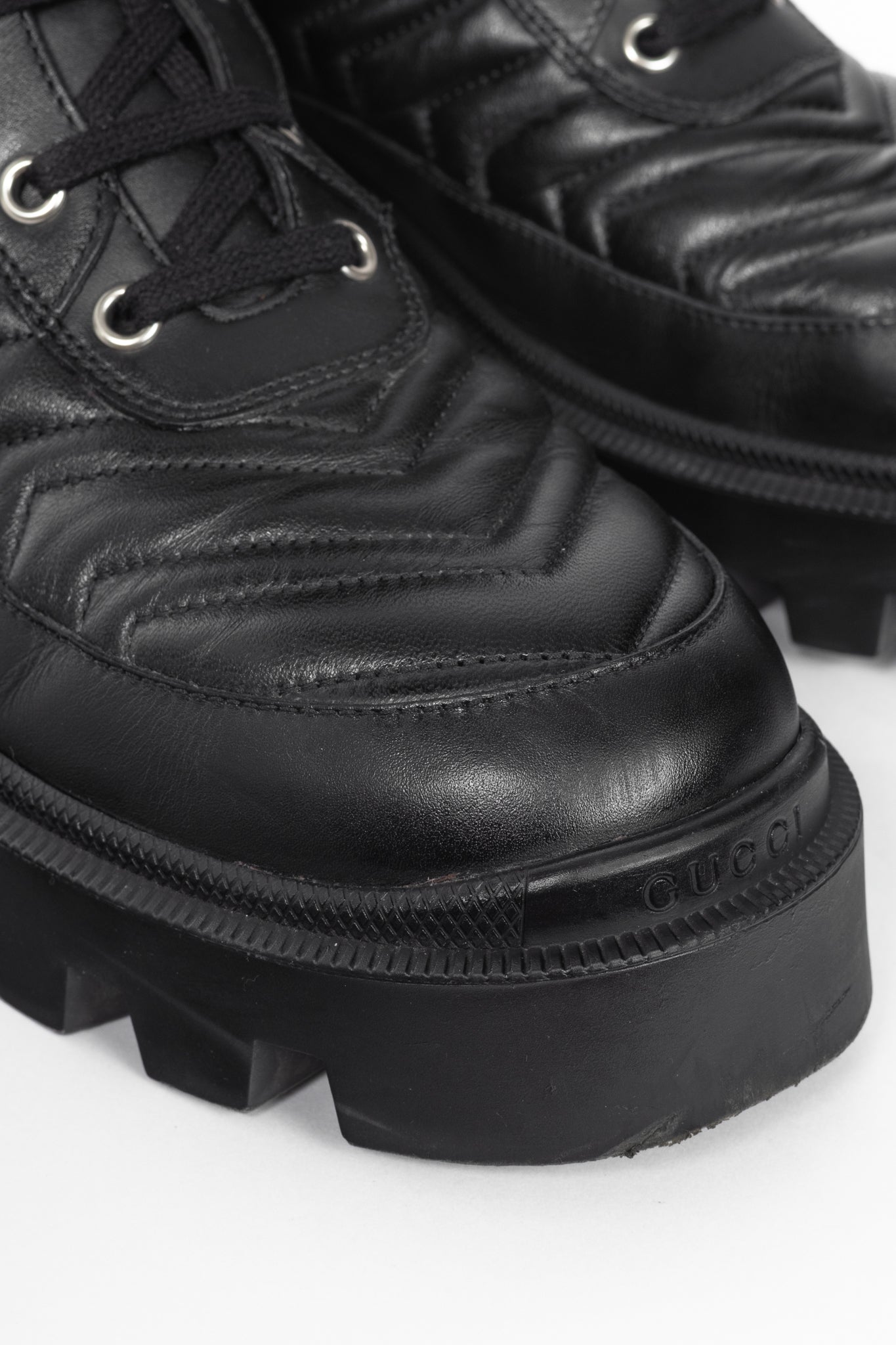 Gucci Frances Black GG Matelassé Platform Combat Boots