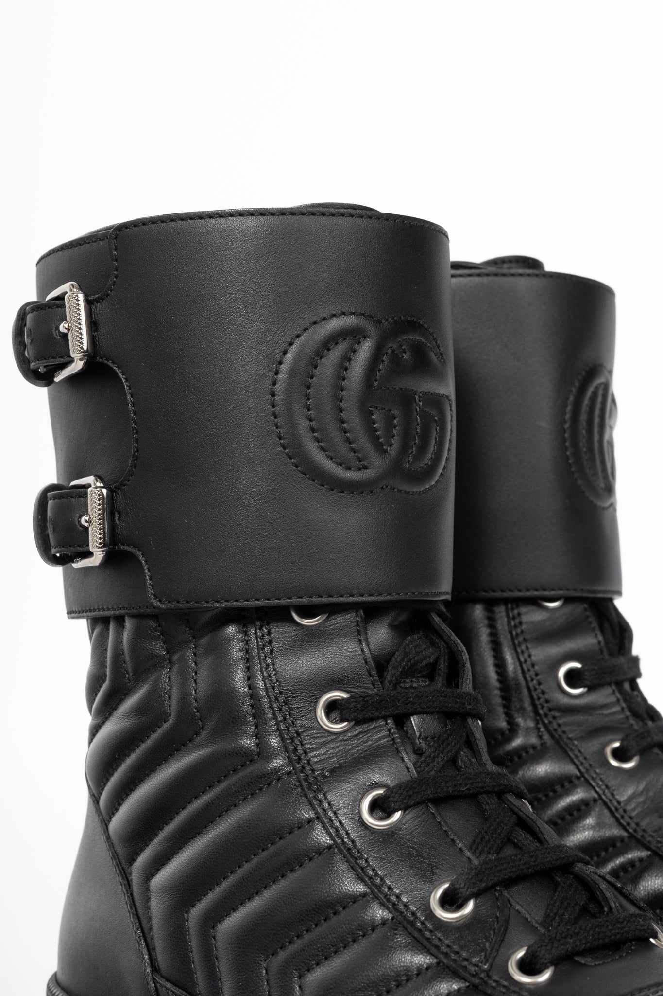 Gucci Frances Black GG Matelassé Platform Combat Boots