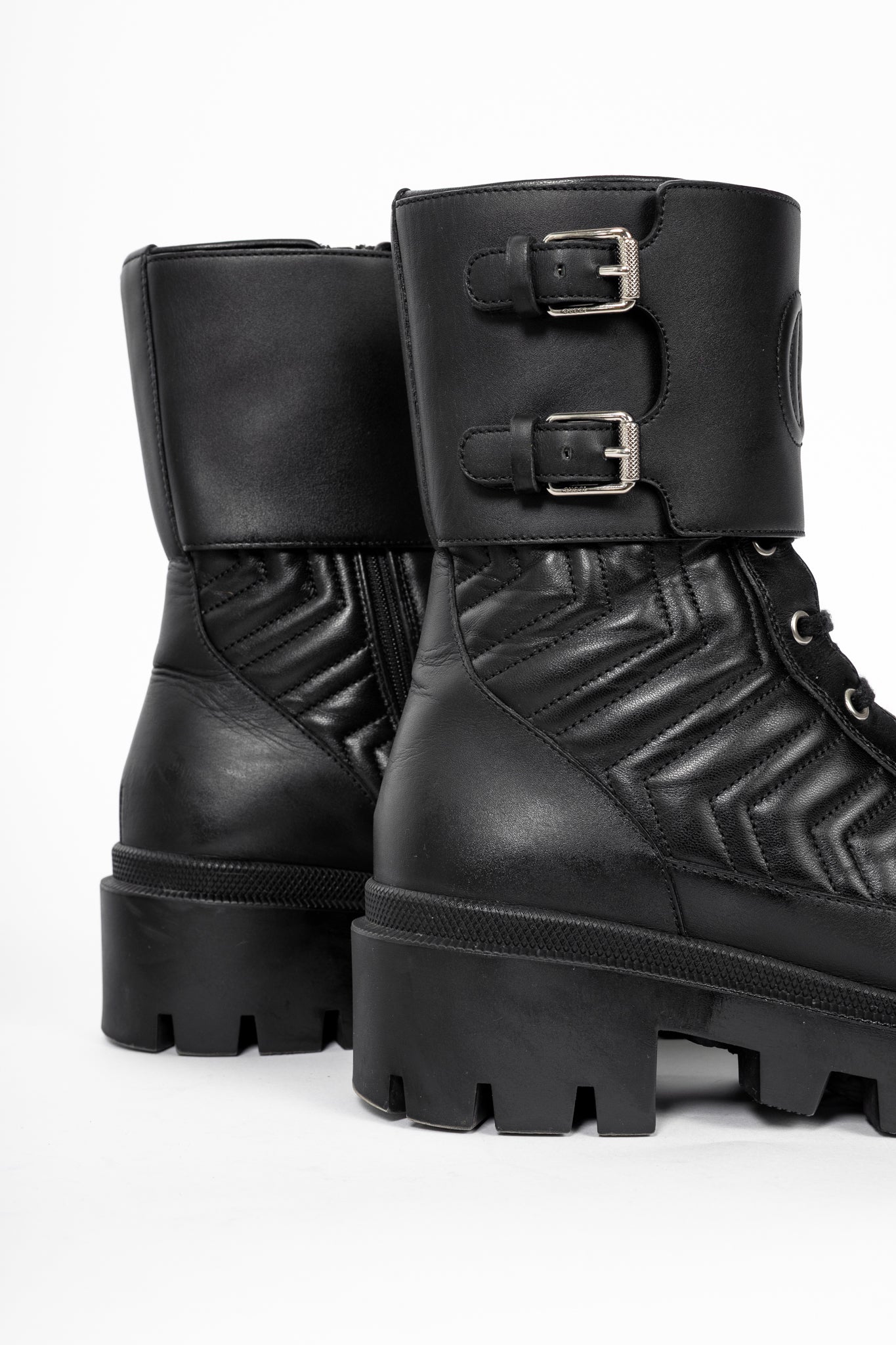 Gucci Frances Black GG Matelassé Platform Combat Boots