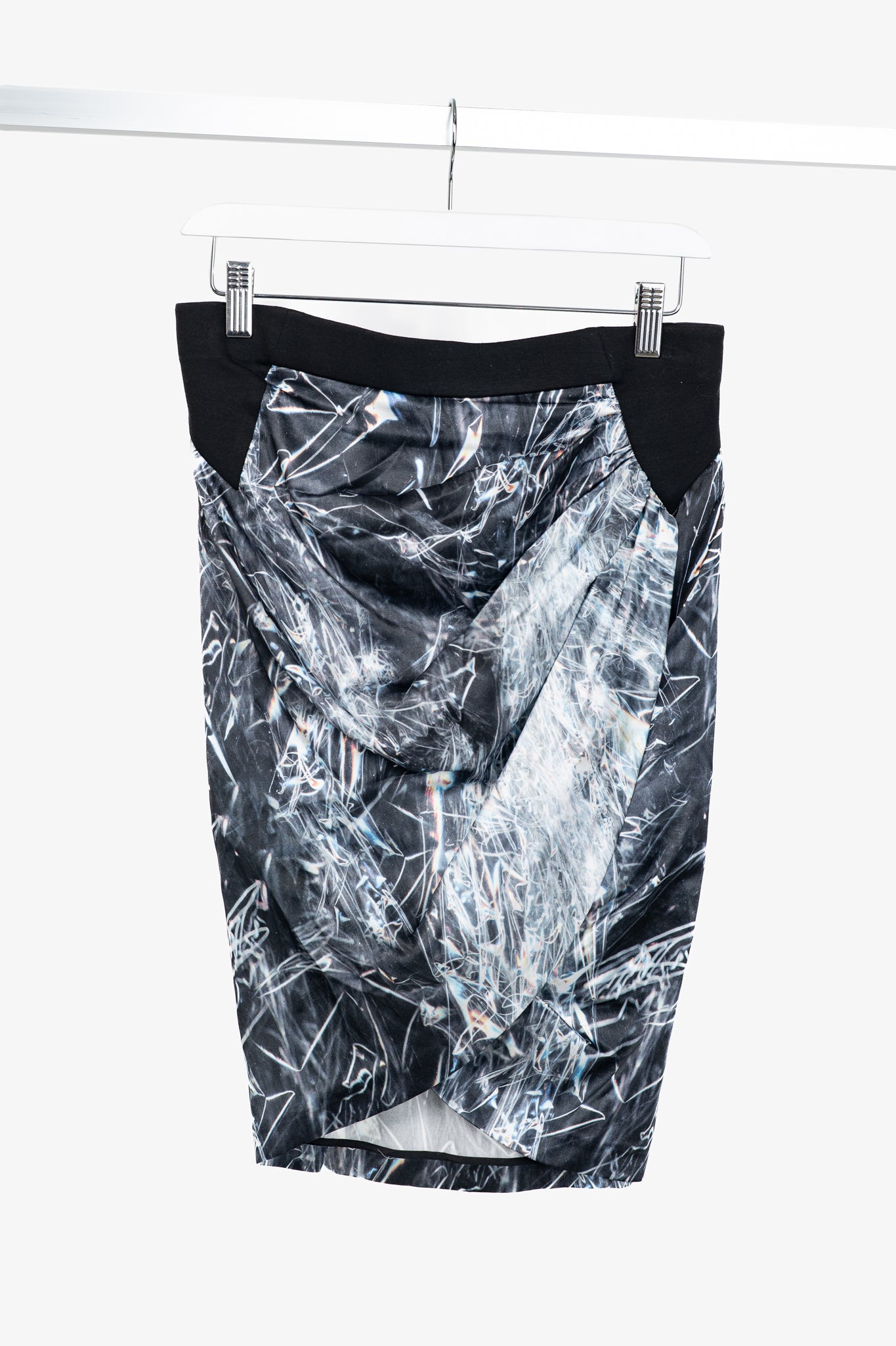 Helmut Lang "Washed Black" Cellophane-Print Stretch-Silk Knee-Length Skirt