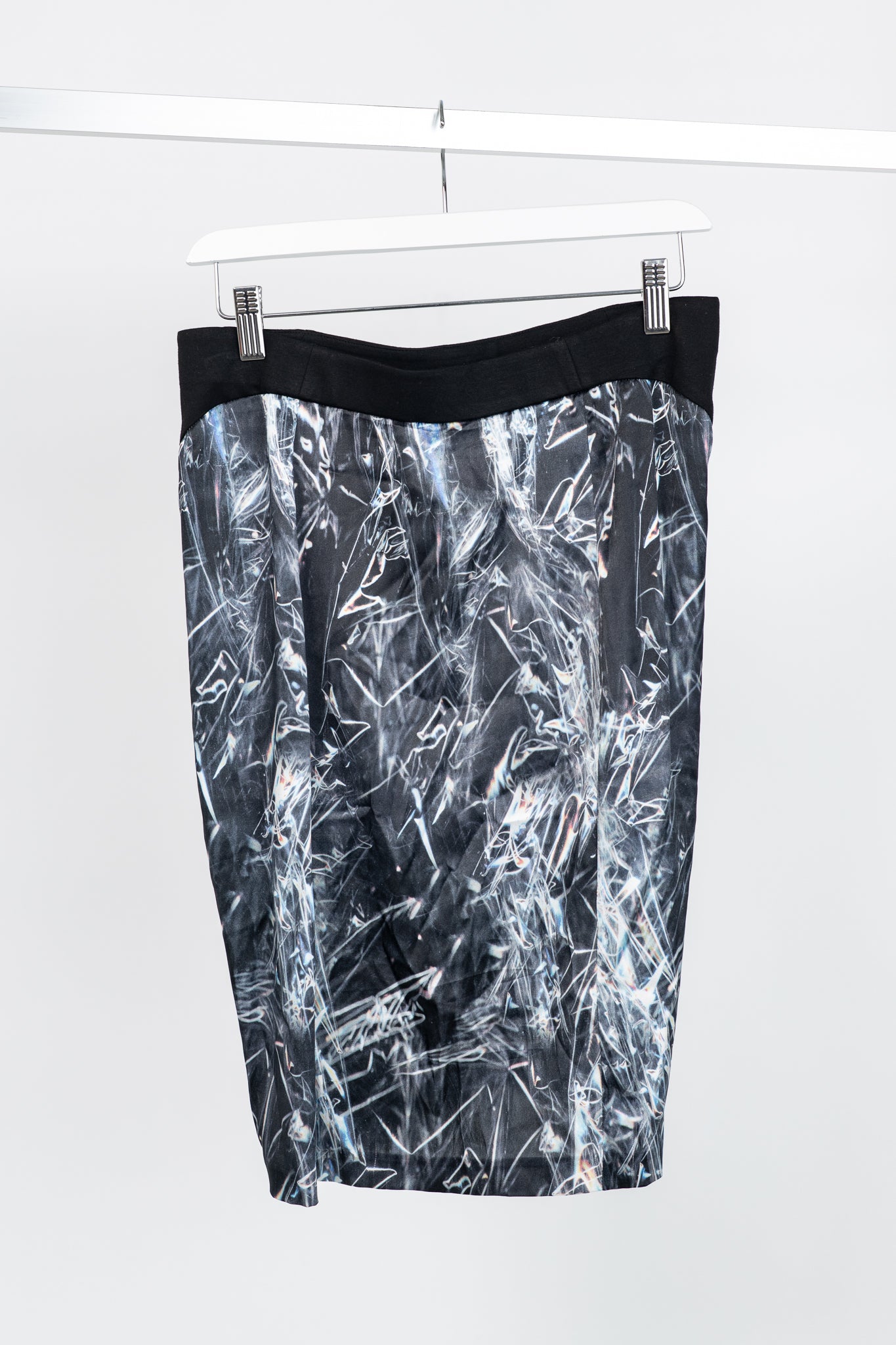 Helmut Lang "Washed Black" Cellophane-Print Stretch-Silk Knee-Length Skirt