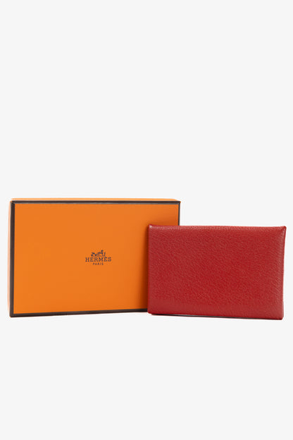 Hermes Calvi Vermillion Chevre Mysore Leather Card Holder