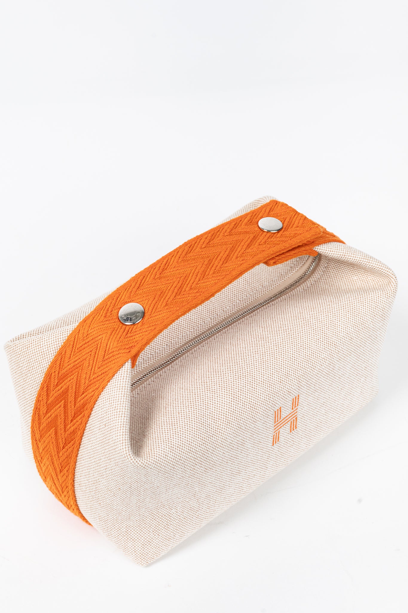 Hermes Bride-a-Brac Small Model Natural Canvas & Orange Chevron Strap Case