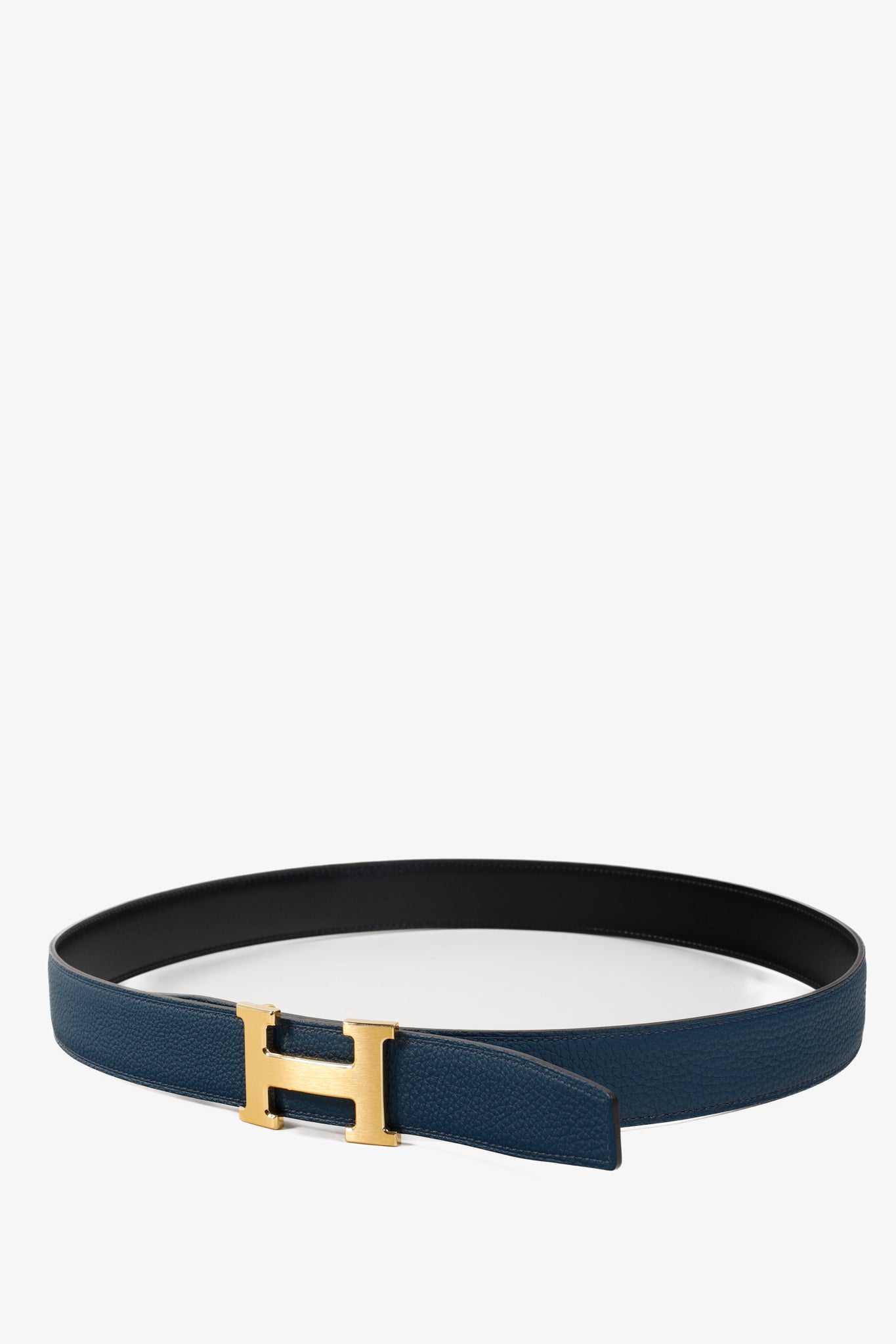 Hermes Black Blue Togo Calfskin H Buckle Reversible Belt Blogger Armoire