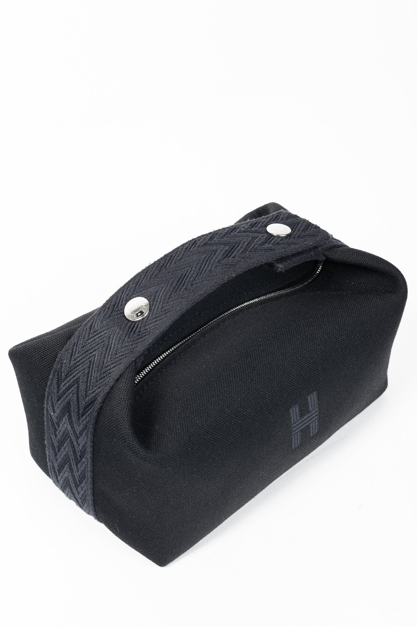 Hermes Bride-a-Brac Small Model Noir Canvas & Bleu Nuit Chevron Strap Case