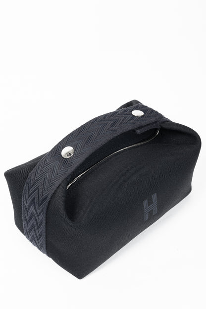 Hermes Bride-a-Brac Small Model Noir Canvas & Bleu Nuit Chevron Strap Case