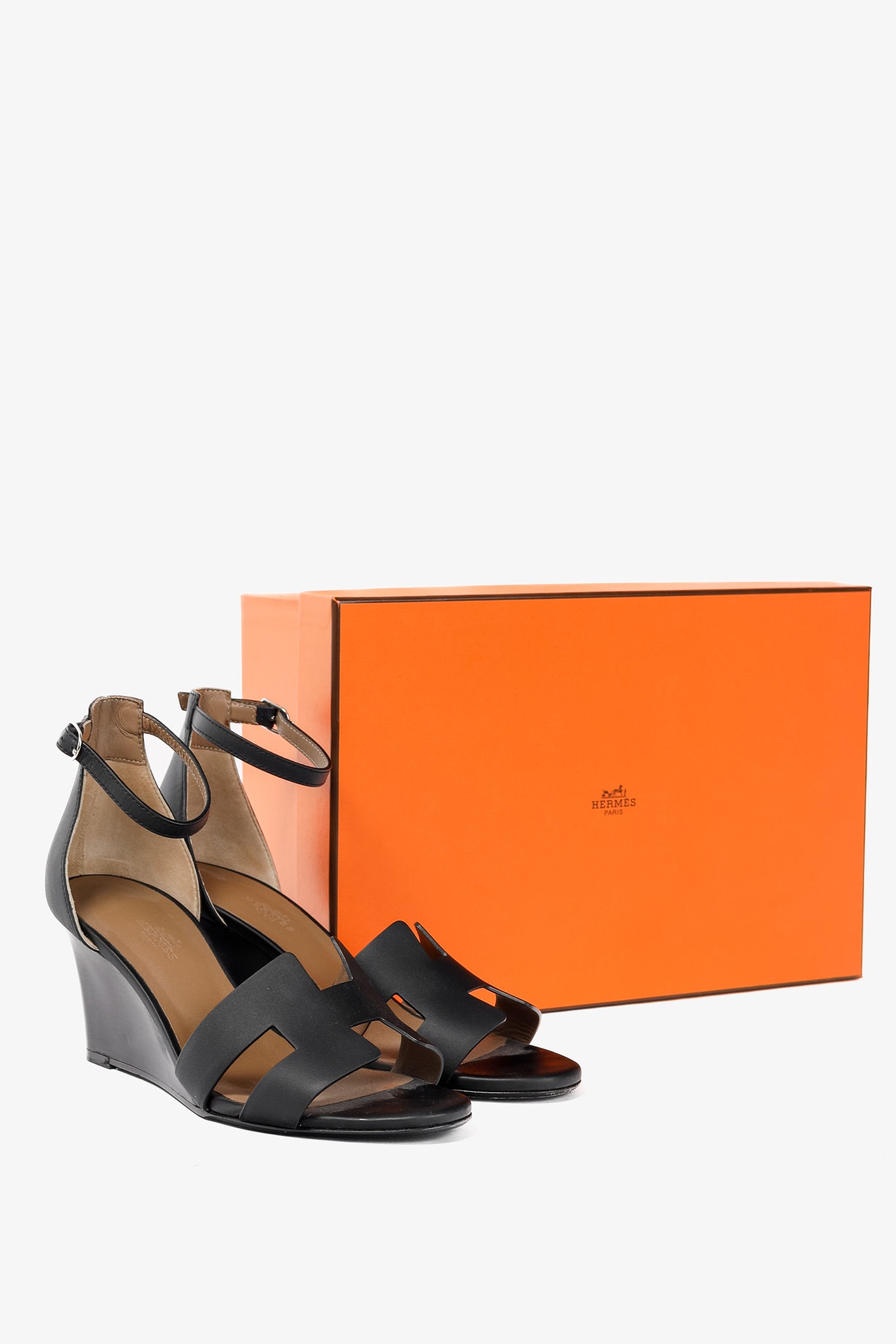 Hermes Legend Noir Calfskin "H" Wedge Sandals