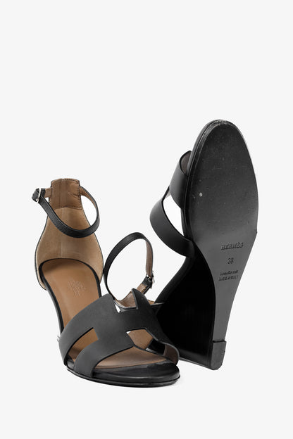 Hermes Legend Noir Calfskin "H" Wedge Sandals
