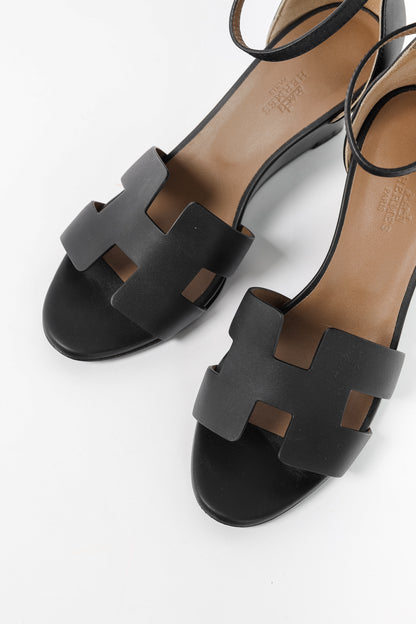 Hermes Legend Noir Calfskin "H" Wedge Sandals