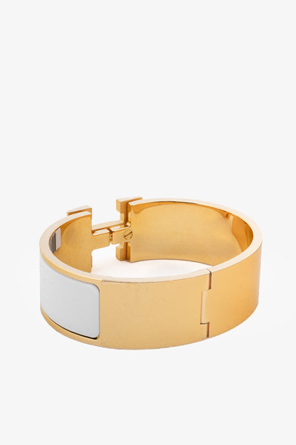 Hermes Clic Clac H Blanc Yellow-Gold-Plated Wide Bracelet