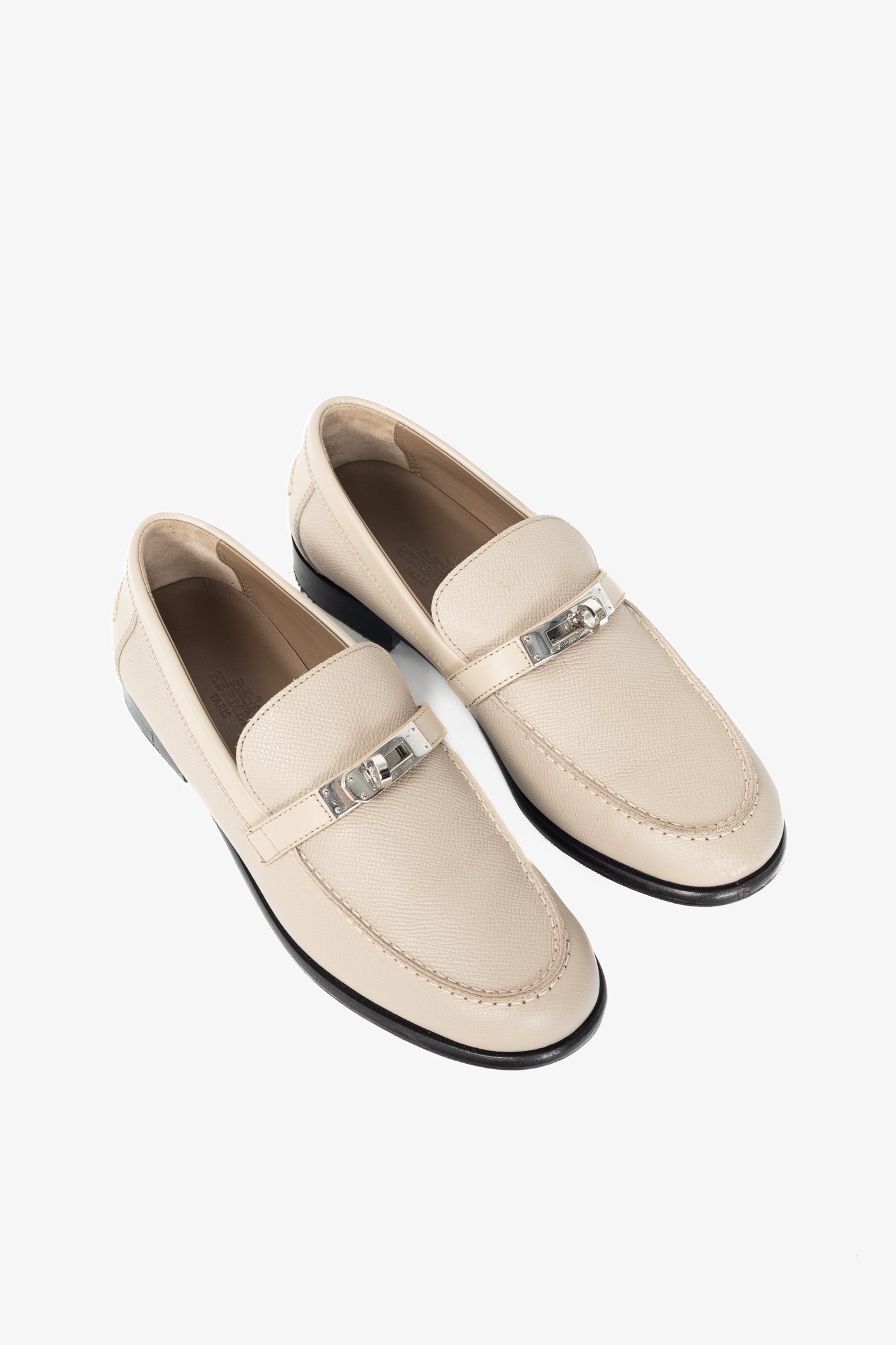 Hermes Destin Blanc Gomme Epsom Calfskin Kelly-Buckle Loafers