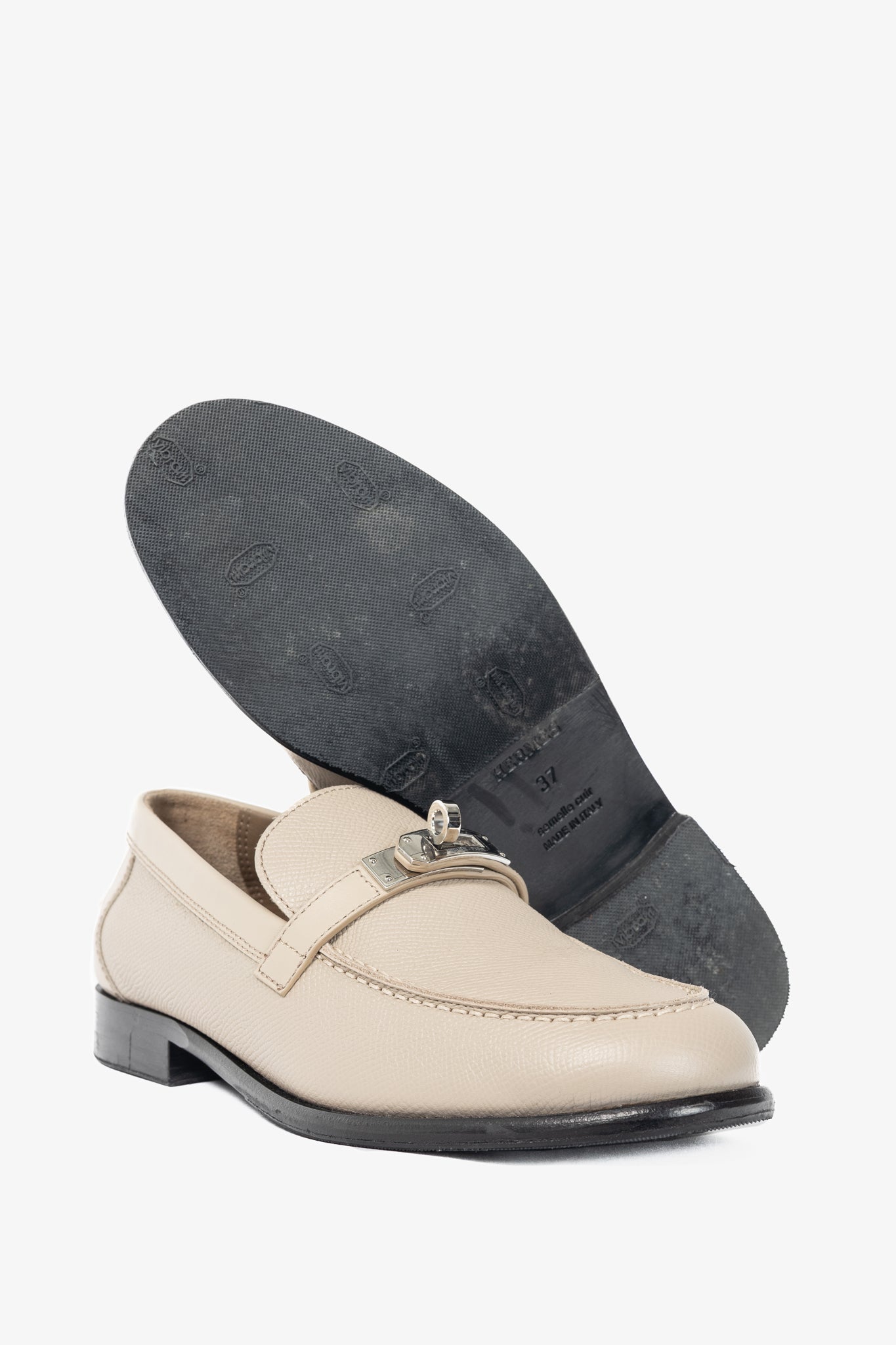 Hermes Destin Blanc Gomme Epsom Calfskin Kelly-Buckle Loafers