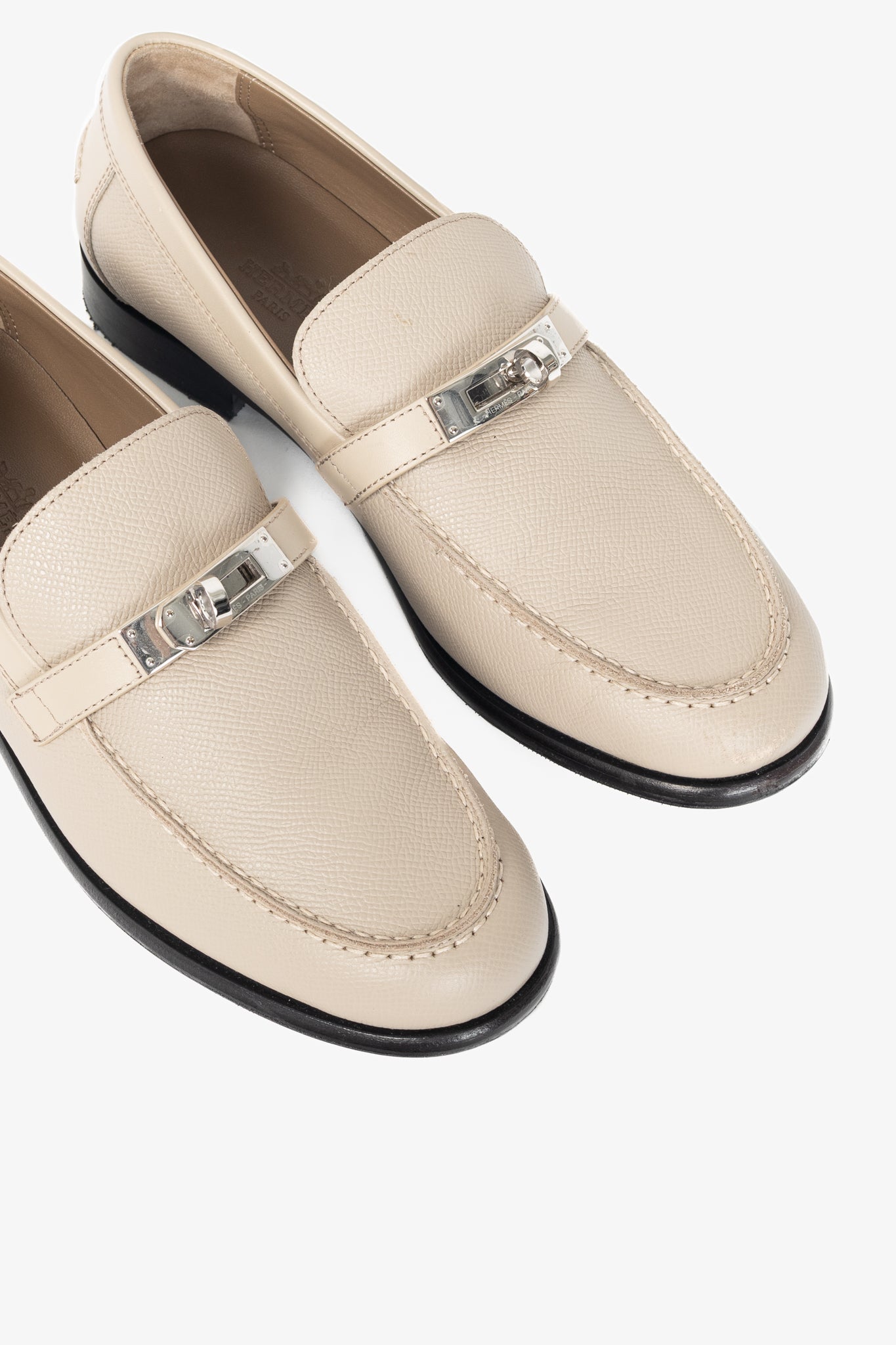 Hermes Destin Blanc Gomme Epsom Calfskin Kelly-Buckle Loafers